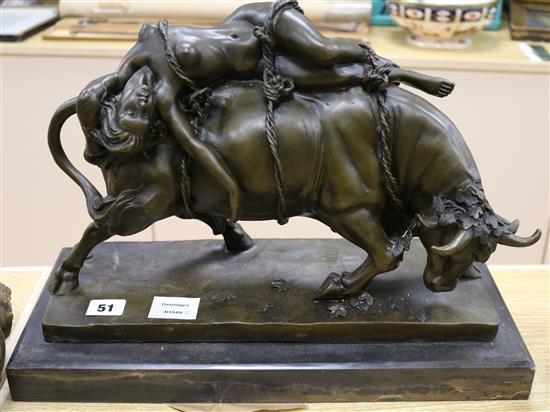 A modern bronze figure of Europa and the bull, on marble plinth, length 43cm